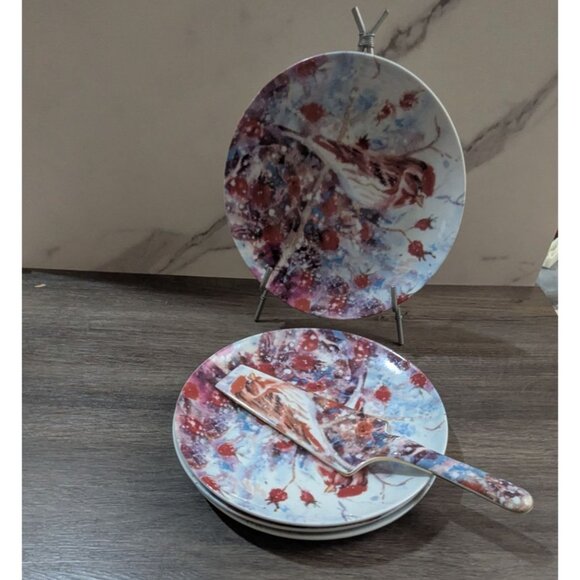 Judy Buswell Winter Watch Plate Set 4 Dessert Plates & 1 Server 8" Bird Design - Picture 2 of 6